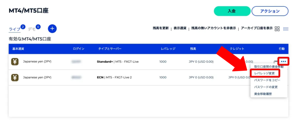 FXGTにおけるレバレッジを変更するための通貨選択画面