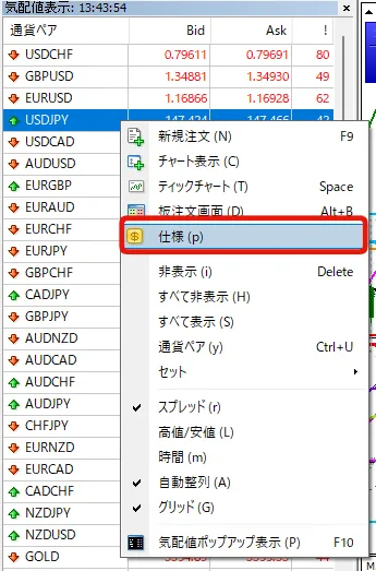 通貨ペア（例：USD/JPY）の上で右クリック