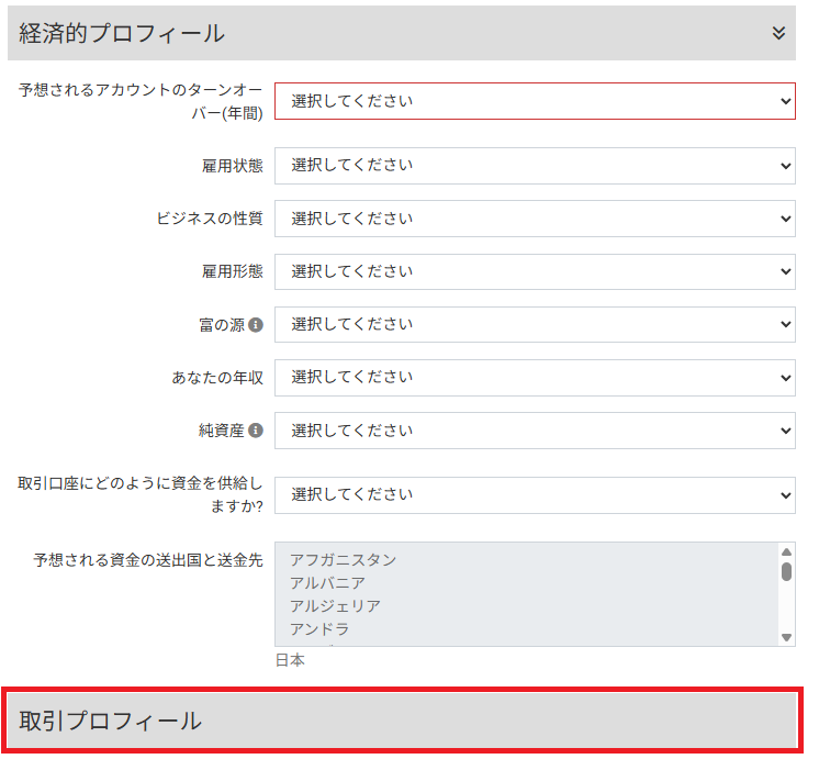 経済的プロフィールの各項目の選択