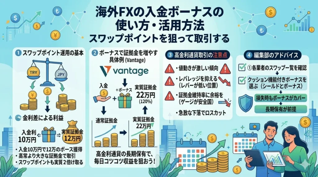 海外FX業者の入金ボーナスでスワップポイントを狙って取引する