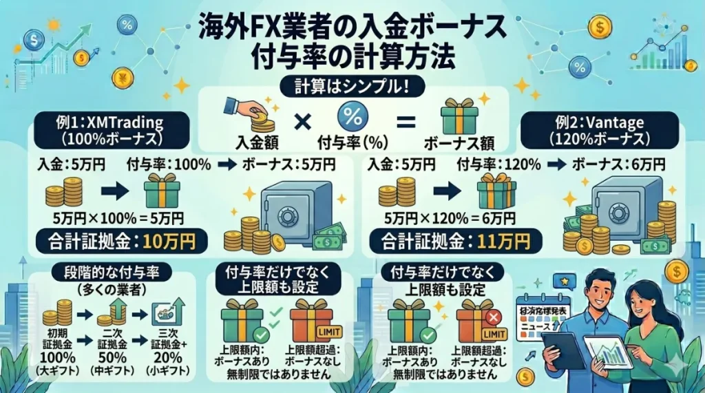 海外FX業者の入金ボーナスの付与率の計算方法