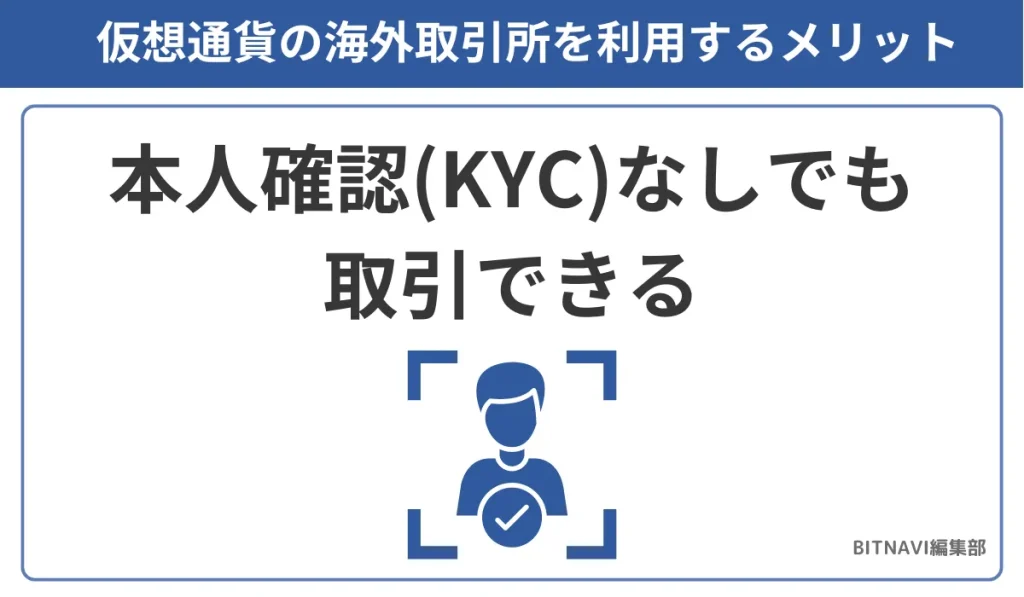 仮想通貨の海外取引所を利用するメリットは本人確認(KYC)なしでも取引できる